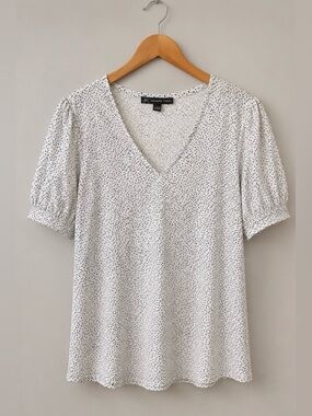 Adrianna Papell Large Black White Speckled V-Neck Knit Top Rolled Sleeve Blouse